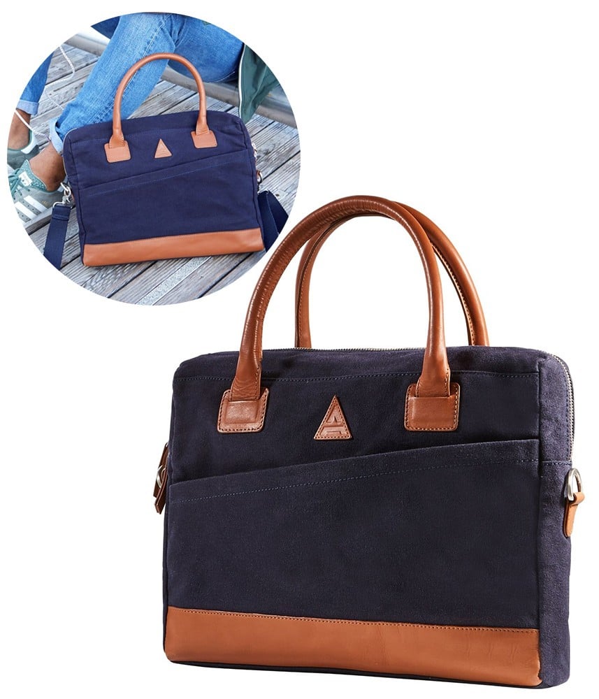 Belle sacoche en toile bleu marine et cuir - Sacoche à bandoulière pour Ordinateur Portable en toile bleu et cuir marron - ADEQWAT