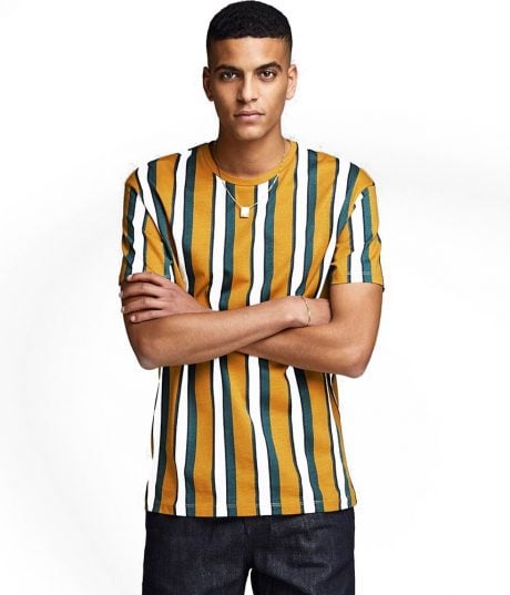 T-shirt ultra tendance pour homme - Motif &agrave; rayures Jaune / Vert / Blanc - JACK JONES