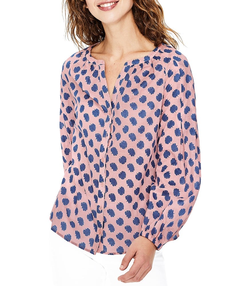 Joli chemisier pour femme coloris rose à motifs bleu - Chemisier ESME en Coton et Lin coloris rose à imprimé végétal bleu - BODEN
