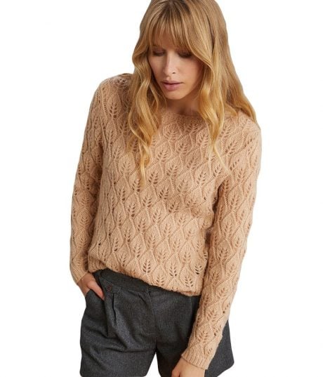 Pull femme en mailles fantaisies motif feuilles - coloris beige Amandes - CYRILLUS