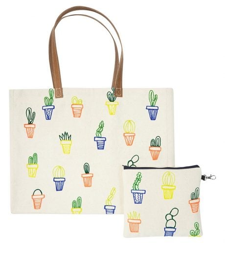 Sac TOTE BAG blanc &agrave; motif Cactus, anses en cuir et Pochette - OLIVIER DESFORGES