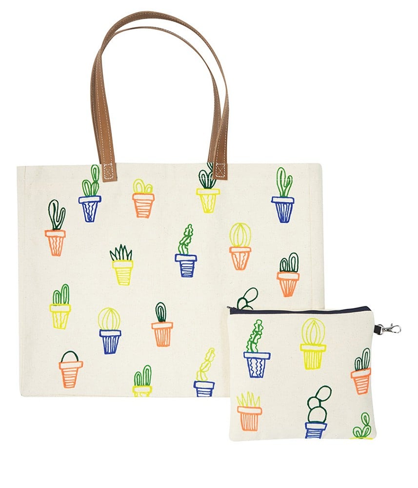 - Sac TOTE BAG blanc à motif Cactus, anses en cuir et Pochette - OLIVIER DESFORGES