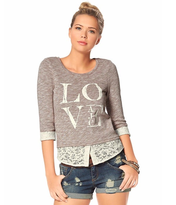 - Sweat-shirt Femme à manches 3/4 - Imprimé LOVE et Dentelle
