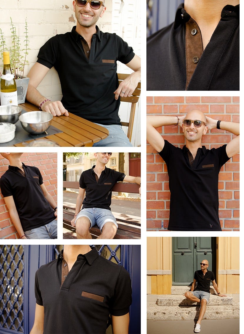 Test du polo VINIFERA - Polo modèle pinot couleur noir avec suedine marron - Made In France