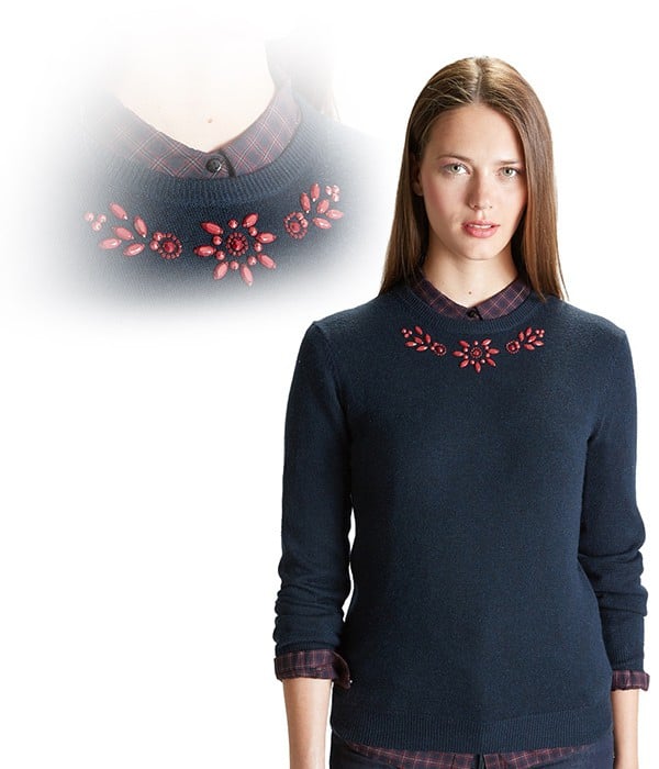 - Pull Femme à Mailles Fines - Bleu Marine - Col Bijoux rouge - CYRILLUS