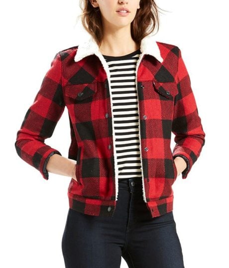 Blouson Femme &agrave; carreaux Rouge et Noir - Col fourrure - Look Rock - LEVI'S