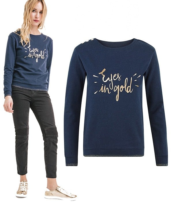 Sweat Bleu pour Femme « Eyes In Gold » – Pressions sur l&rsquo;épaule – PROMOD
