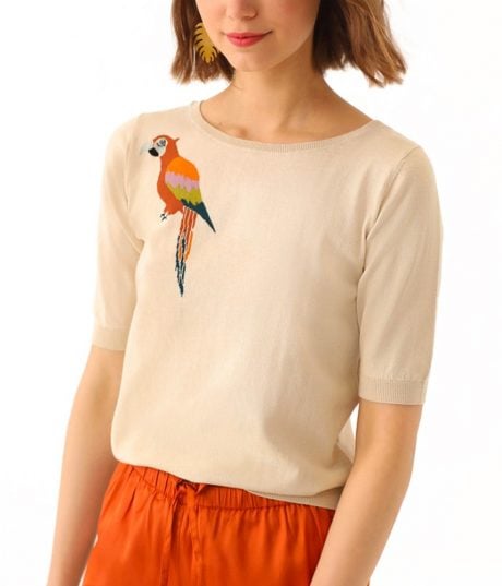 Pull moulant Femme - Beige avec Broderies motif Perroquet - NICE THINGS