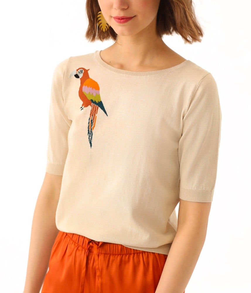 Pull motif perroquet style femme - Pull moulant Femme - Beige avec Broderies motif Perroquet - NICE THINGS