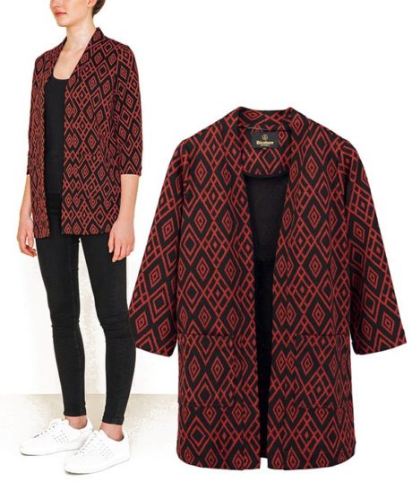 Veste femme fa&ccedil;on Kimono &agrave; motifs G&eacute;om&eacute;triques Rouge et Noir - BIZZBEE