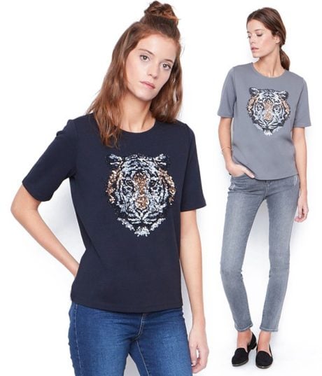 Top Bleu Femme - Motif Tigre &agrave; Sequins et Paillettes - ETAM