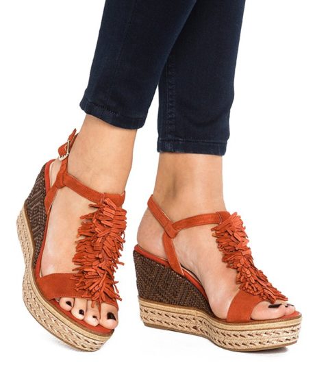 Sandales compens&eacute;es - Mode Femme - Cuir Orange - KANNA