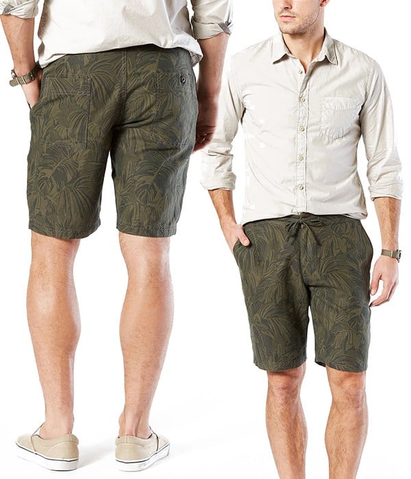 - Short pour Homme en Lin et Coton Sergé - Vert Olive - imprimé végétal - DOCKERS
