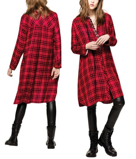 Robe rouge - type chemise &agrave; carreaux - manches longues - ZADIG & VOLTAIRE