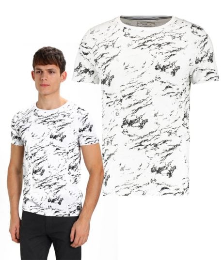 T-shirt Homme Blanc / Noir motif marbre - TOM TAILOR DENIM