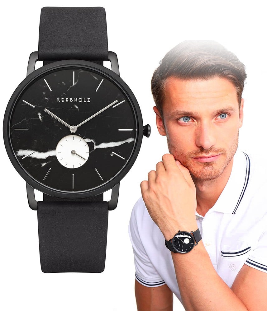 - Montre Fritz unisex en Cuir noir et cadran rond effet Marbre noir - KERBHOLZ