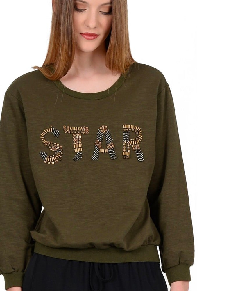- Sweat coloris Kaki pour Femme - Broderies métallisées STAR - Molly Bracken