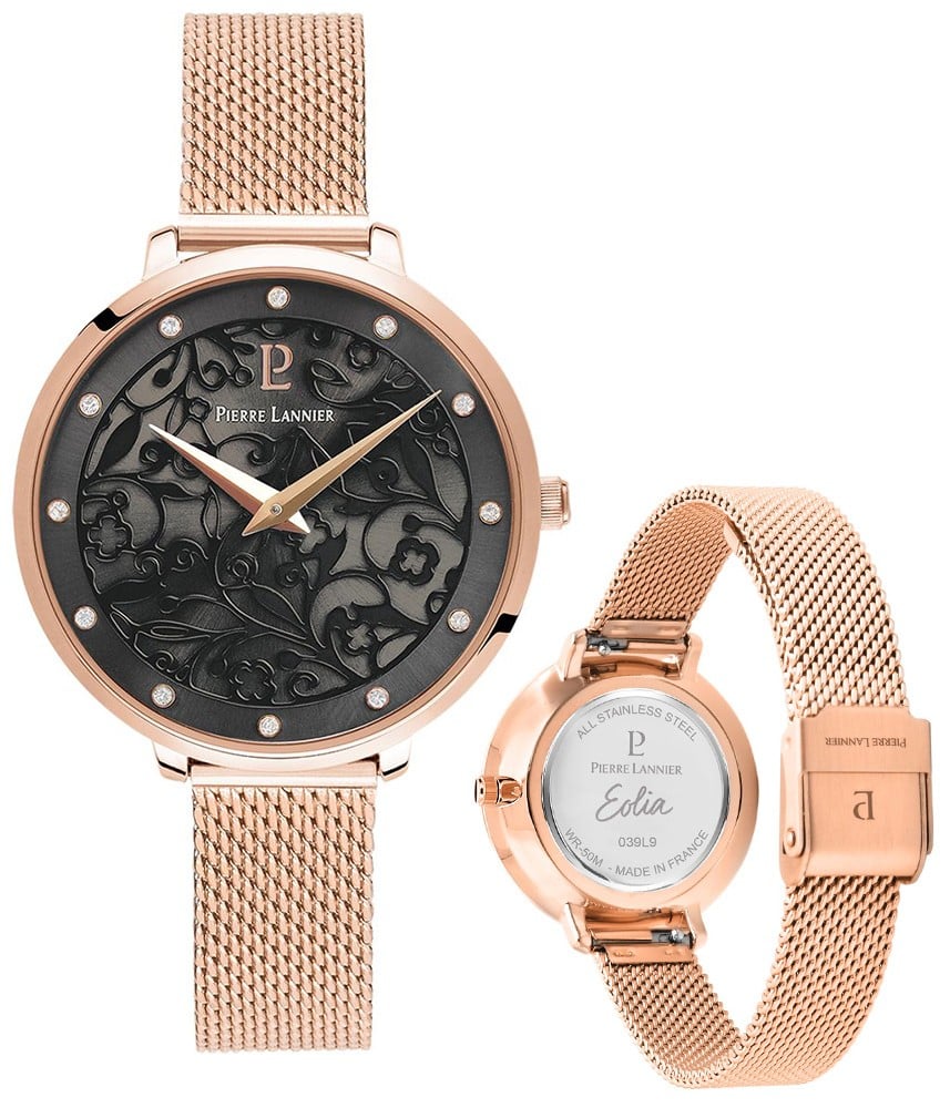 Montre Pierre Lannier pour Femme - Fleurs noires - EOLIA - Montre EOLIA à cadran fleuris - Modèle Féminin - Or Rose - PIERRE LANNIER