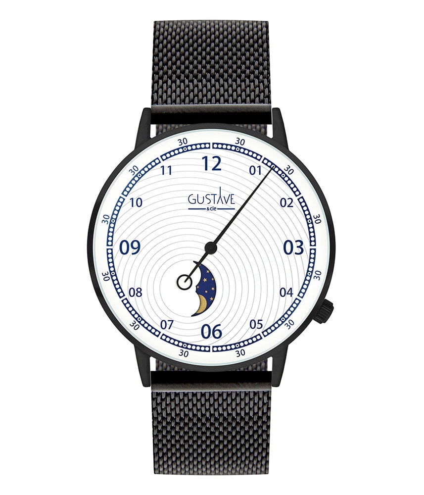 Montre homme - MONTRE PHASE DE LUNE GEORGES - Montre pour homme - bracelet mailles milanaise noir - Cadran avec phases de lune - GUSTAVE & CIE