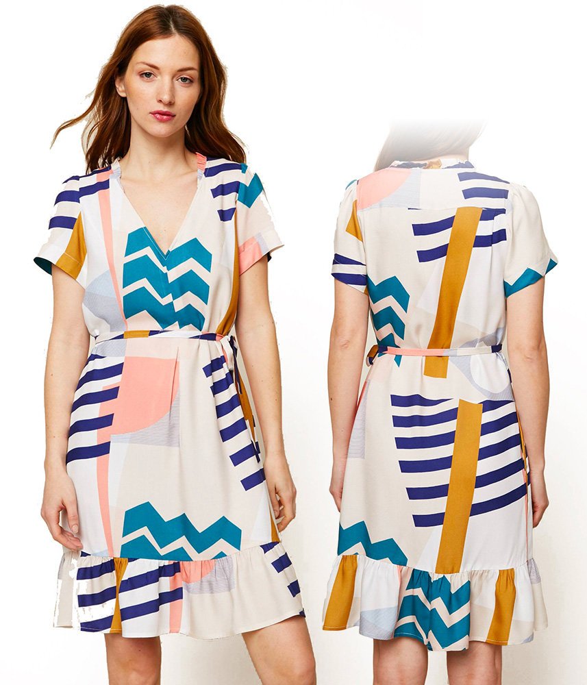 Robe blanche à motif géométrique - Design Femme - Robe col V ajustée - Blanche à grands imprimés colorés géométriques - TINSELS