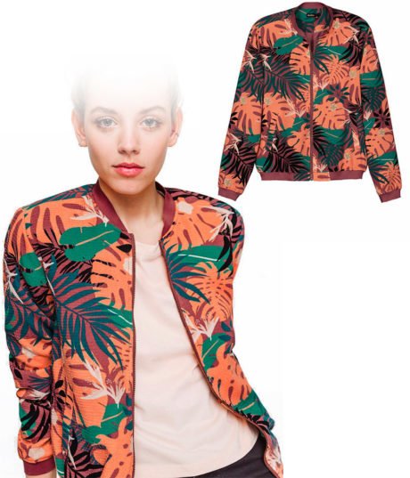 Blouson bomber l&eacute;ger pour femme, coloris orange &agrave; imprim&eacute; Tropical - BIZZBEE