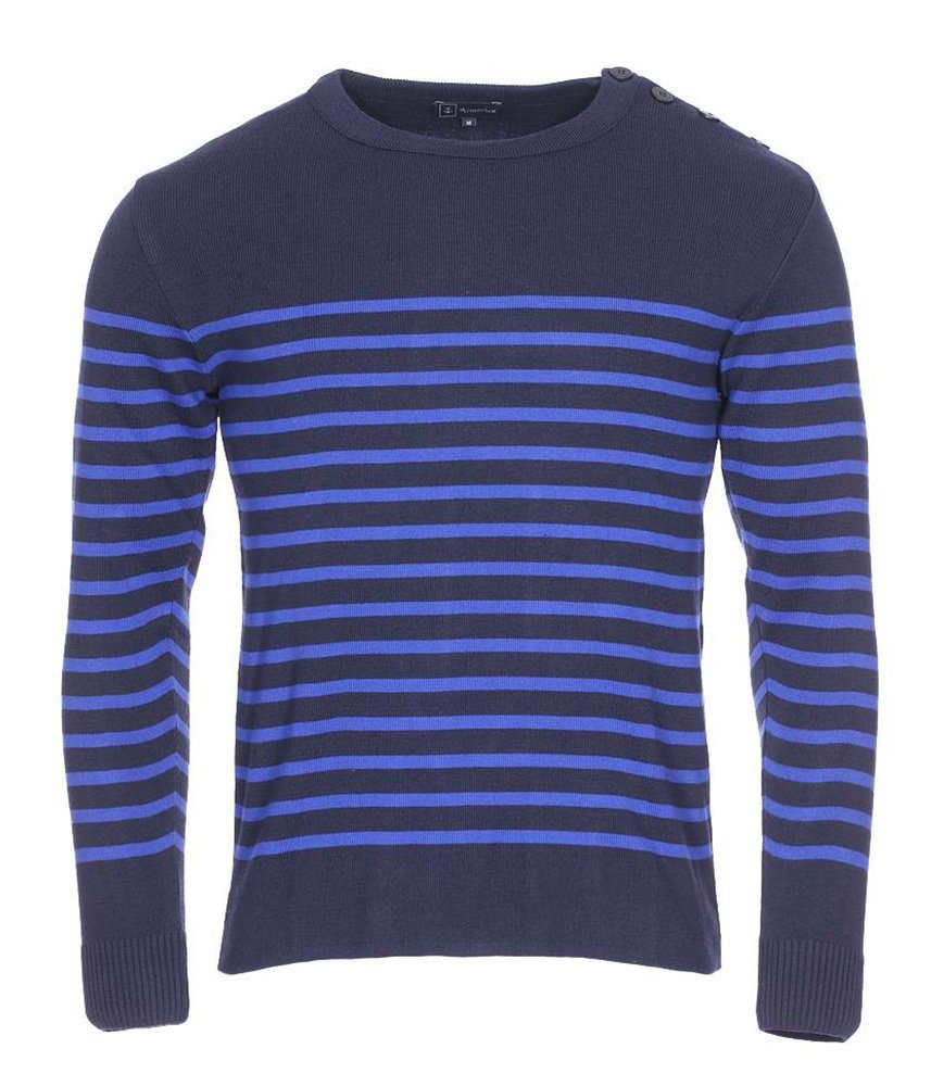 Pull ARMOR LUX façon marinière bleue - Pull Homme Bleu roi à rayures effet marinière - Col boutonné - ARMOR LUX