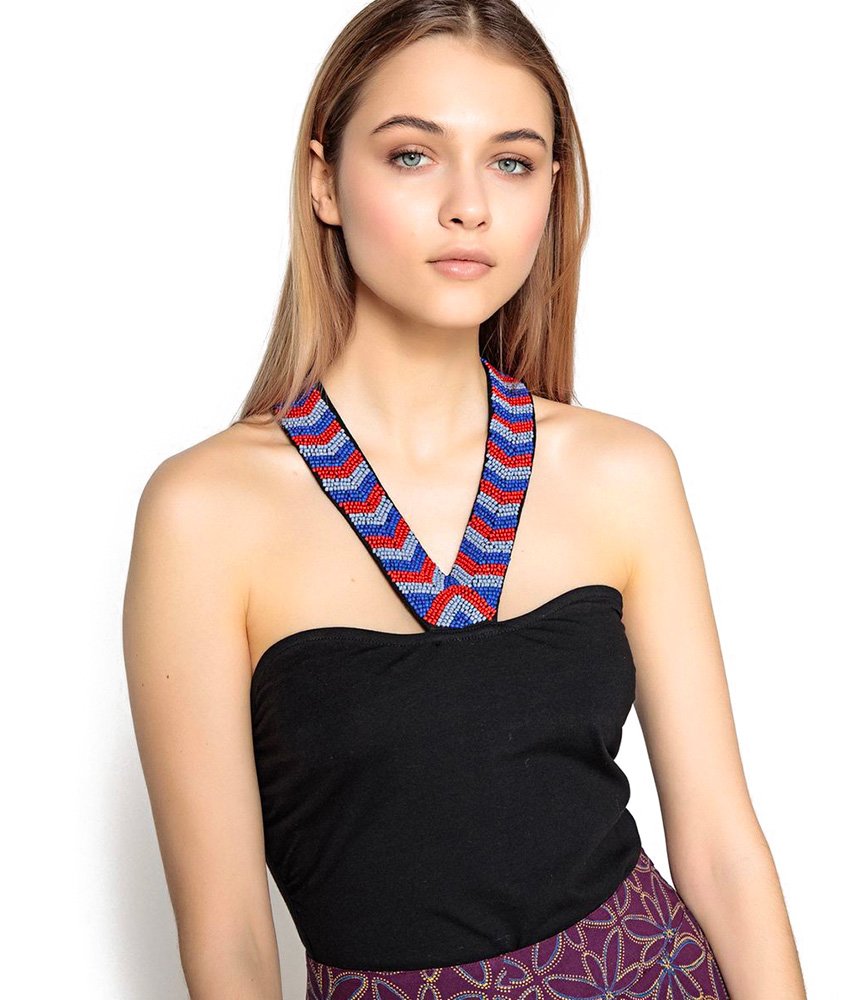 - T-shirt bustier couleur noir - Tour de cou en perles - LAREDOUTE