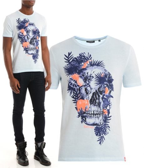 T-shirt pour Homme - Blanc - Imprim&eacute; T&ecirc;te de mort et Fleuillage - KAPORAL