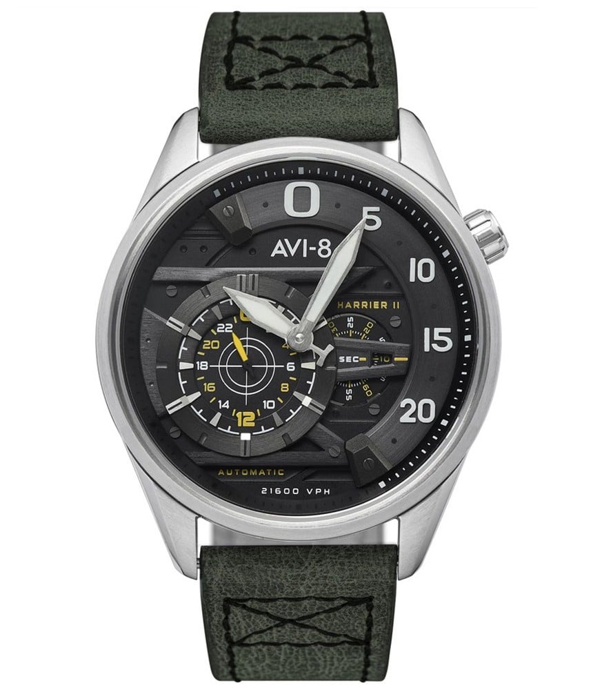 Montre pour homme AVI_8 bracelet en cuir vert - Montre inspiration militaire - Cadran acier et bracelet cuir vert - HAWKER HARRIER II - AVI-8