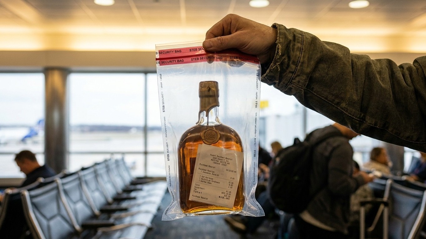 Fini la bouteille confisquée entre deux avions : depuis qu'il ne touche plus au sachet avant l'arrivée, son duty free rent...