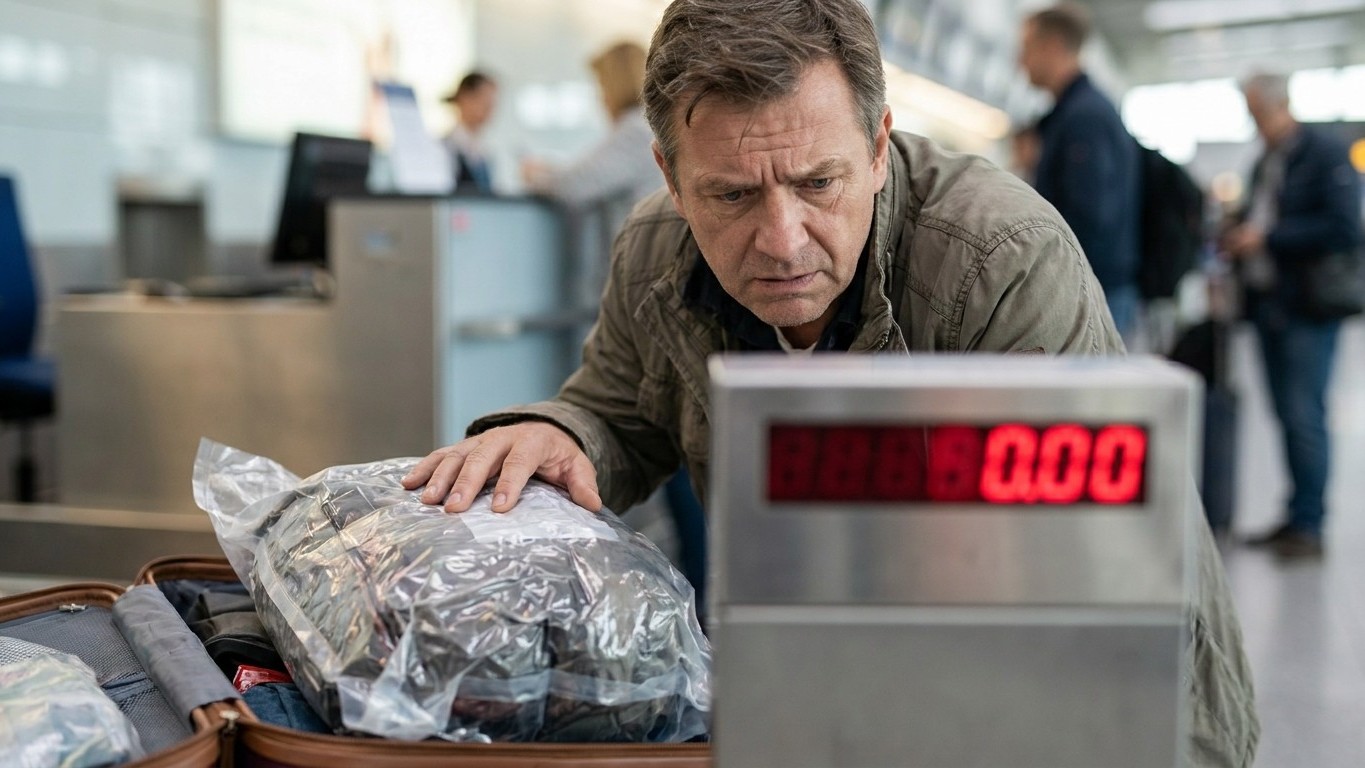 J'ai comprimé tous mes vêtements sous vide juste pour tout faire tenir dans une seule valise : au comptoir d'enregistremen...