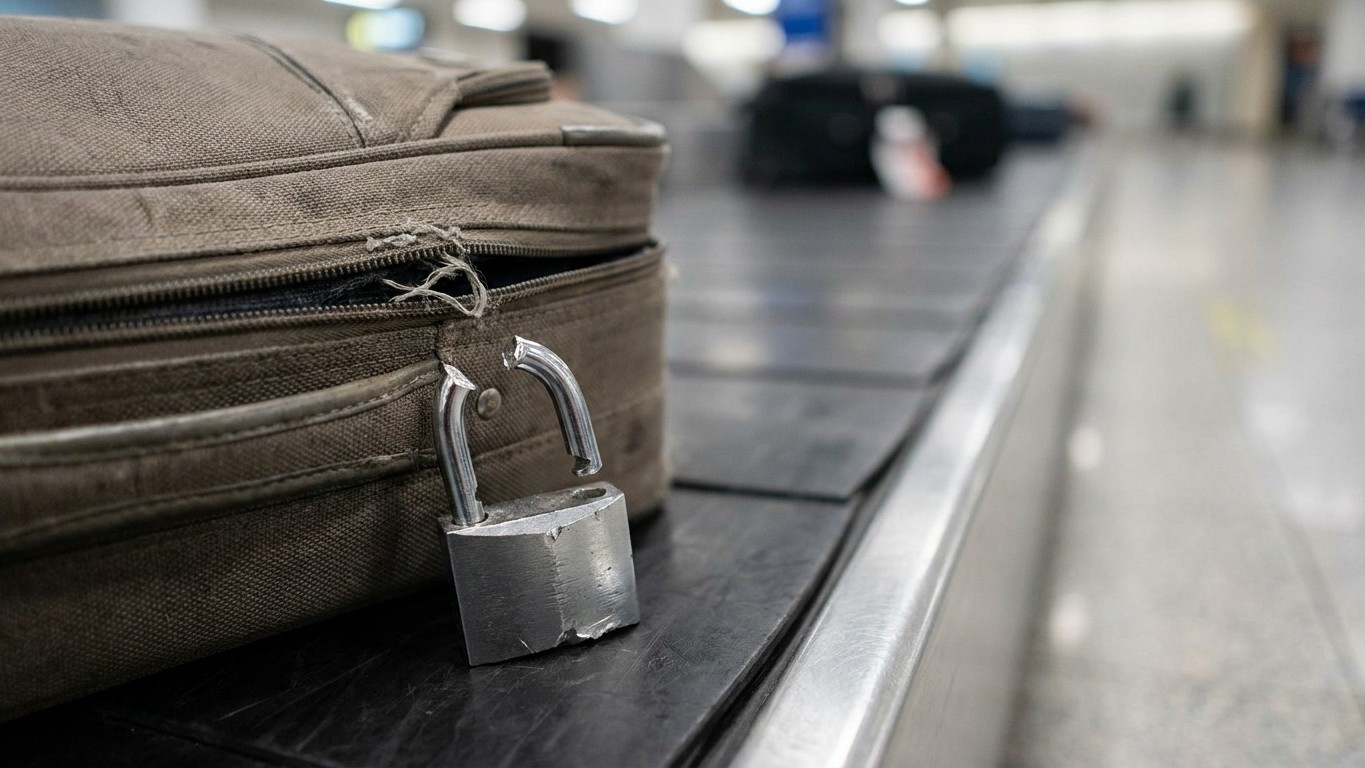 J'ai fermé ma valise avec un gros cadenas acheté la veille juste pour partir tranquille aux États-Unis : sur le tapis à l'...