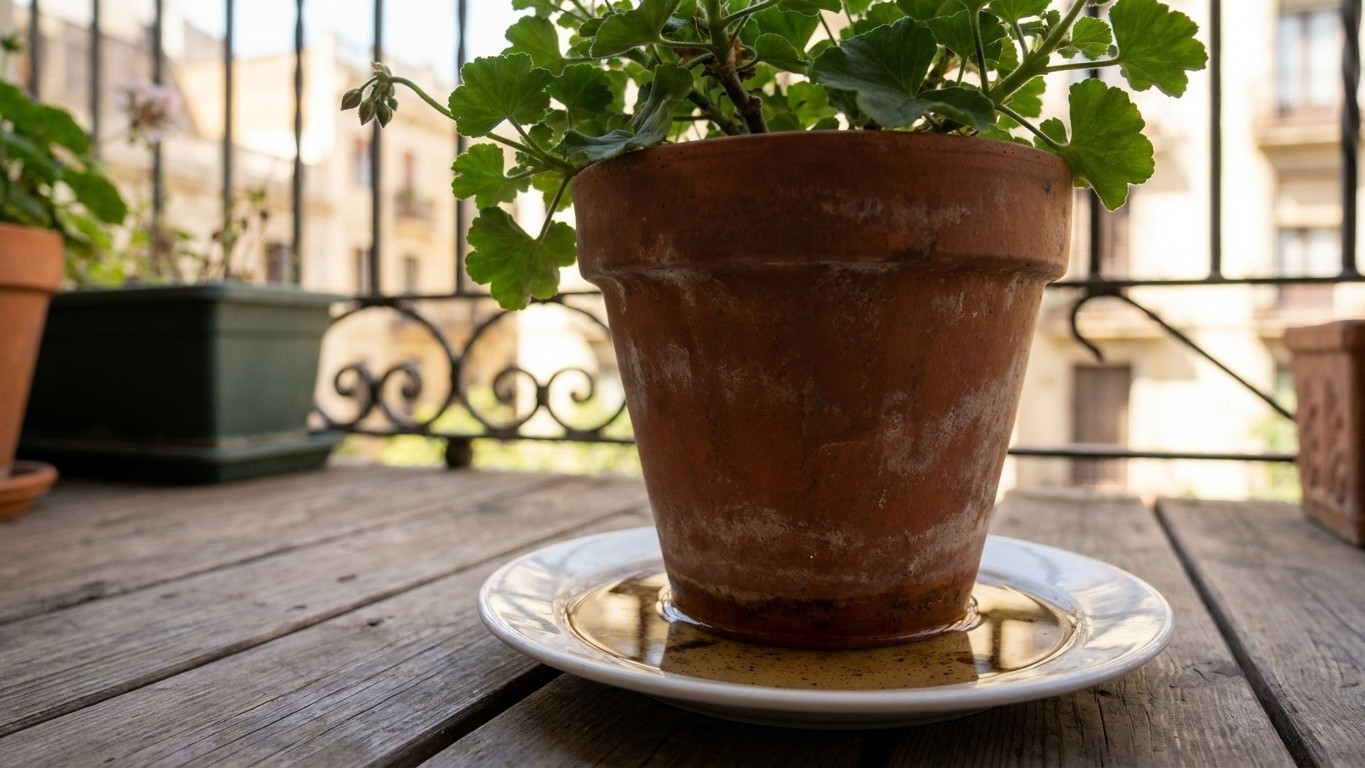 J'ai glissé une soucoupe sous chaque pot de mon balcon juste pour ne plus tacher le carrelage : trois semaines plus tard, ...