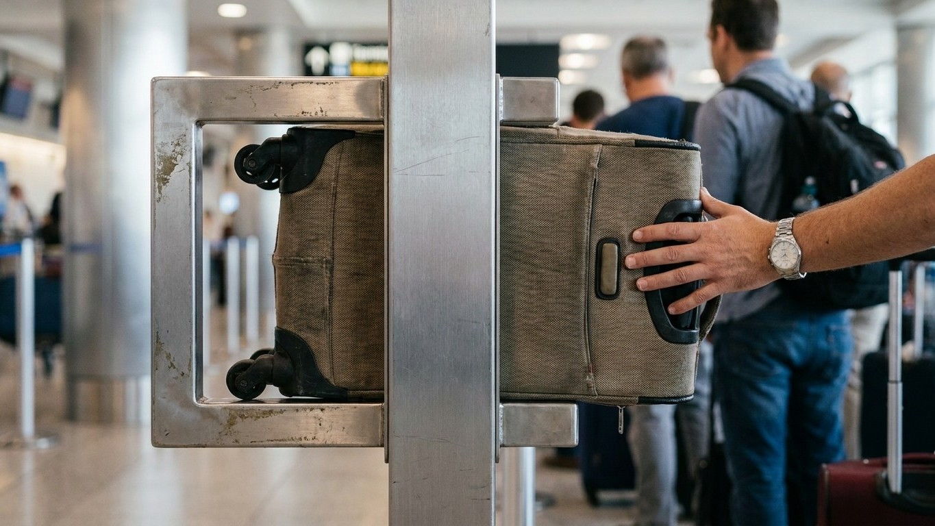 J’ai cru que mon bagage cabine était validé au comptoir, jusqu’à ce qu’on me demande de le glisser dans le gabarit à la po...