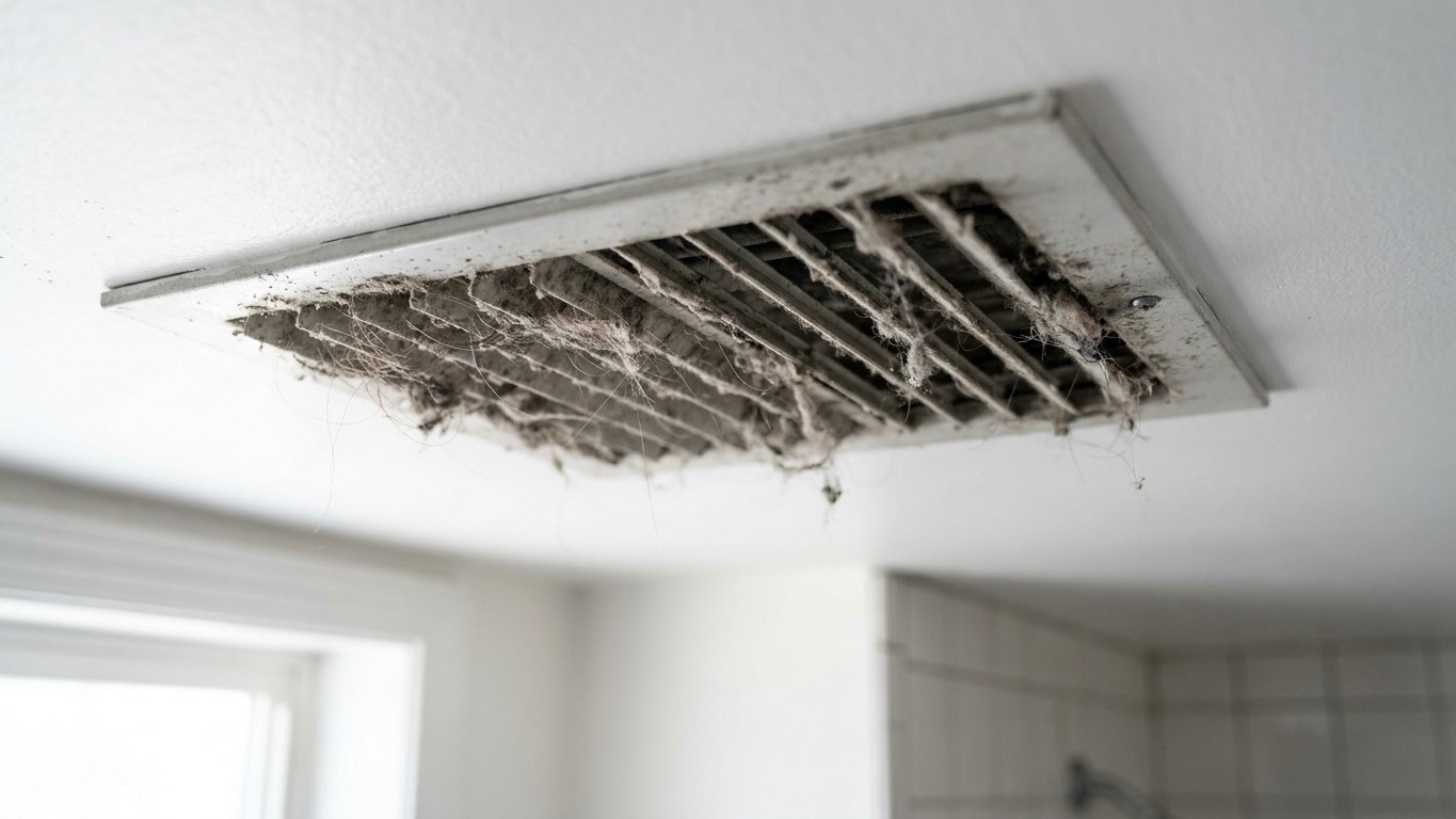 On s'obstine tous à repeindre le plafond noirci au-dessus de la douche, alors que c'est ce qui s'accumule derrière la gril...