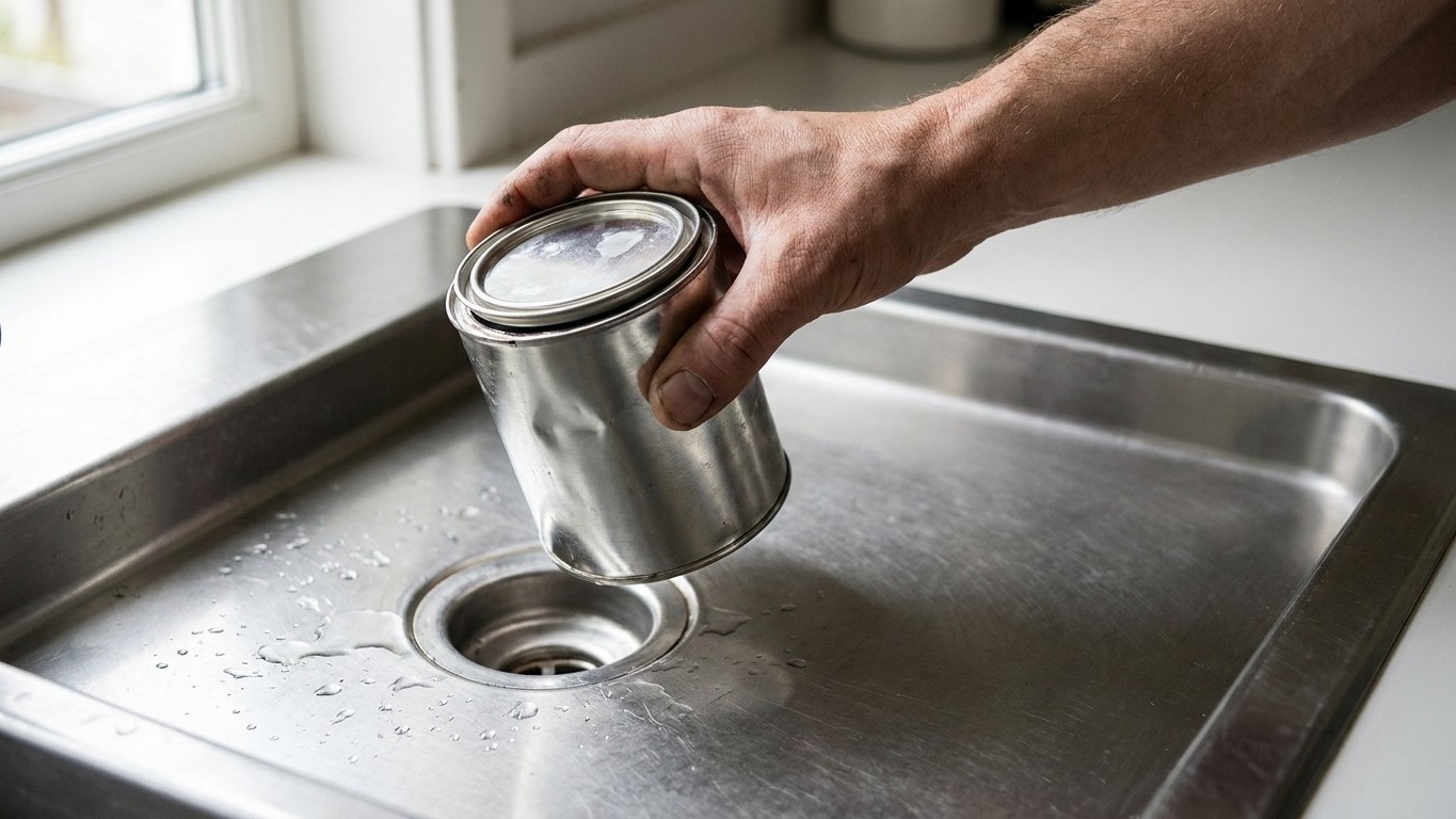On s'obstine tous à vider les fonds de pots de peinture dans l'évier, alors que c'est le bac gris de la déchèterie qui déc...