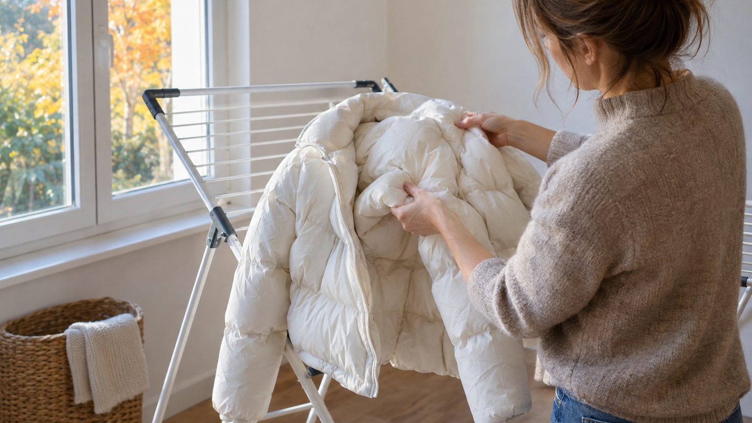 J'ai laissé sécher ma doudoune en duvet à plat sur l'étendoir juste pour qu'elle garde sa forme : en la ressortant aux pre...