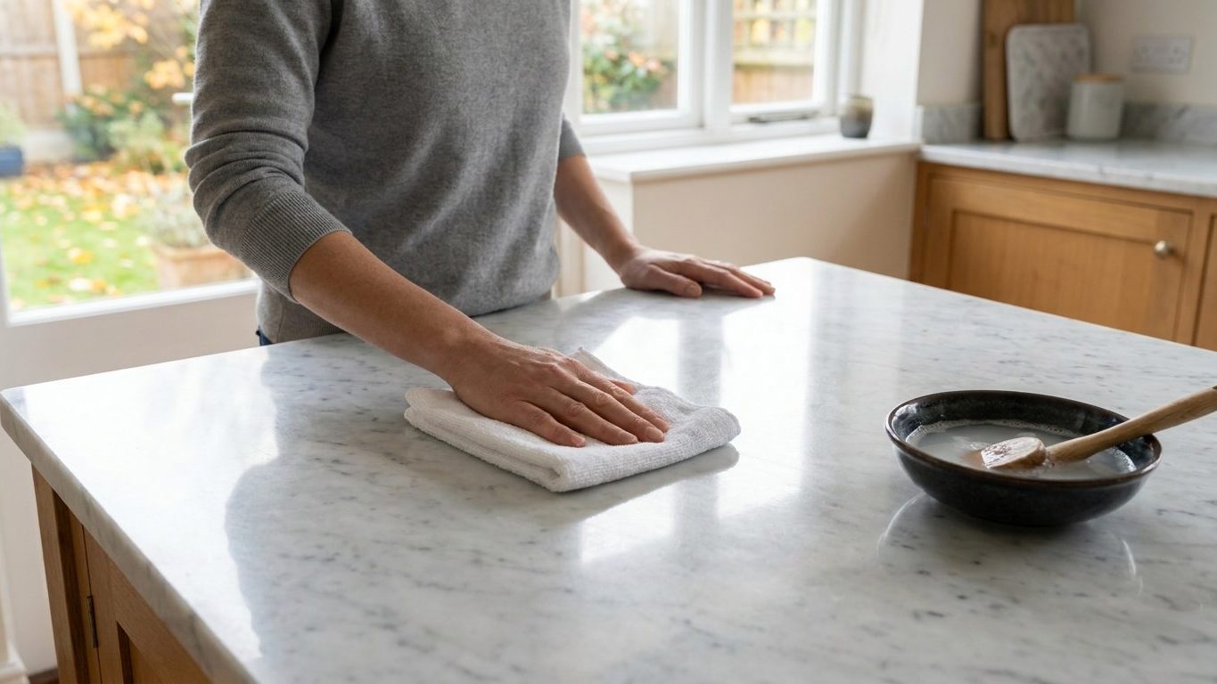 Plus personne ne passe de vinaigre blanc sur un plan en marbre : voici ce qui le remplace dans les cuisines qui brillent e...