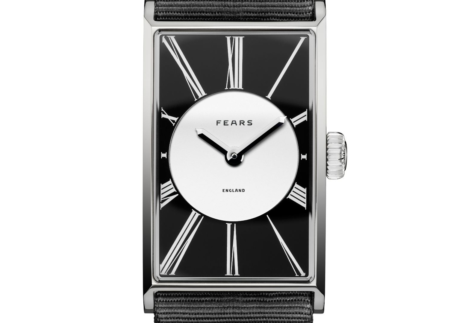 L’onyx noir donne à la montre rectangulaire Fears un nouveau raffinement - - Fears Arnos Opera Black on a Grossgrain silk strap front 2